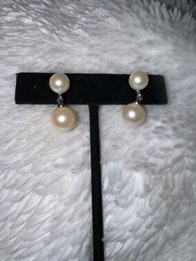 Vintage Double Drop Pearl Earrings, White Freshwater Pearl Clip Backs